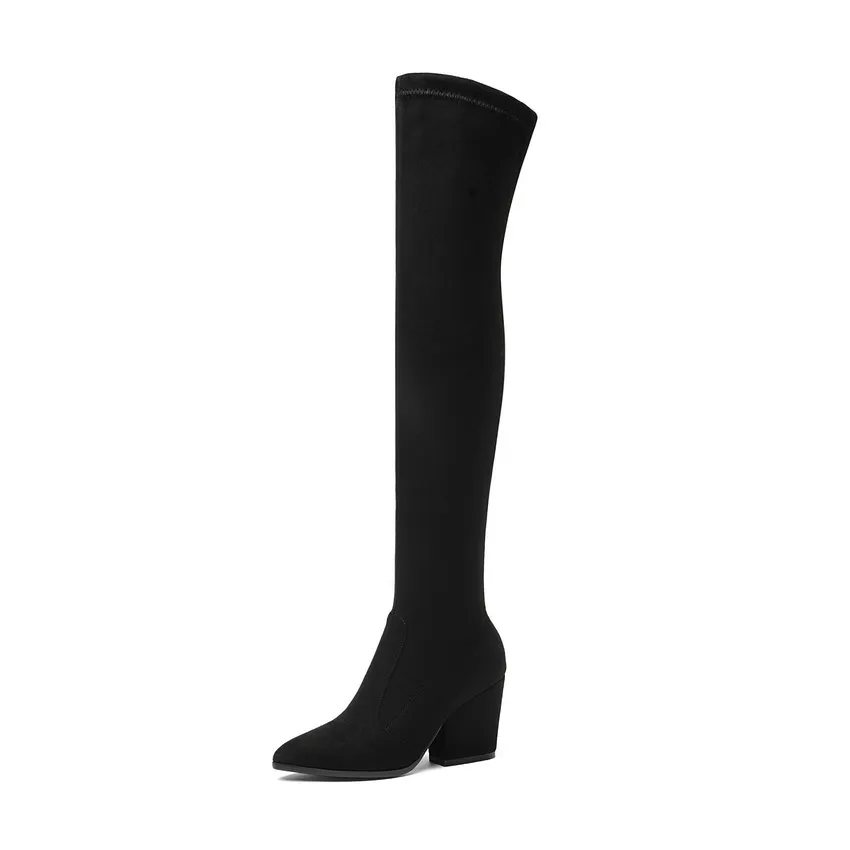 Женские сапоги выше колена; зимняя обувь на толстом каблуке; пикантные женские сапоги из эластичной ткани с острым носком; размеры 34-43 - Цвет: Черный