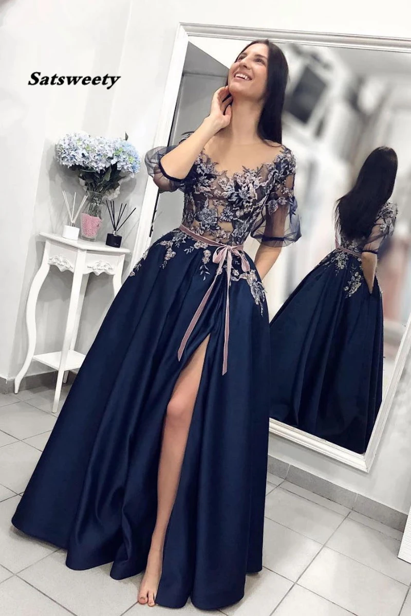 Темно-синее атласное вечернее платье с вышивкой, а-силуэт, сексуальное, раздельное, кружевное, выпускное платье, длинное, с карманами, половина рукава, вечернее платье