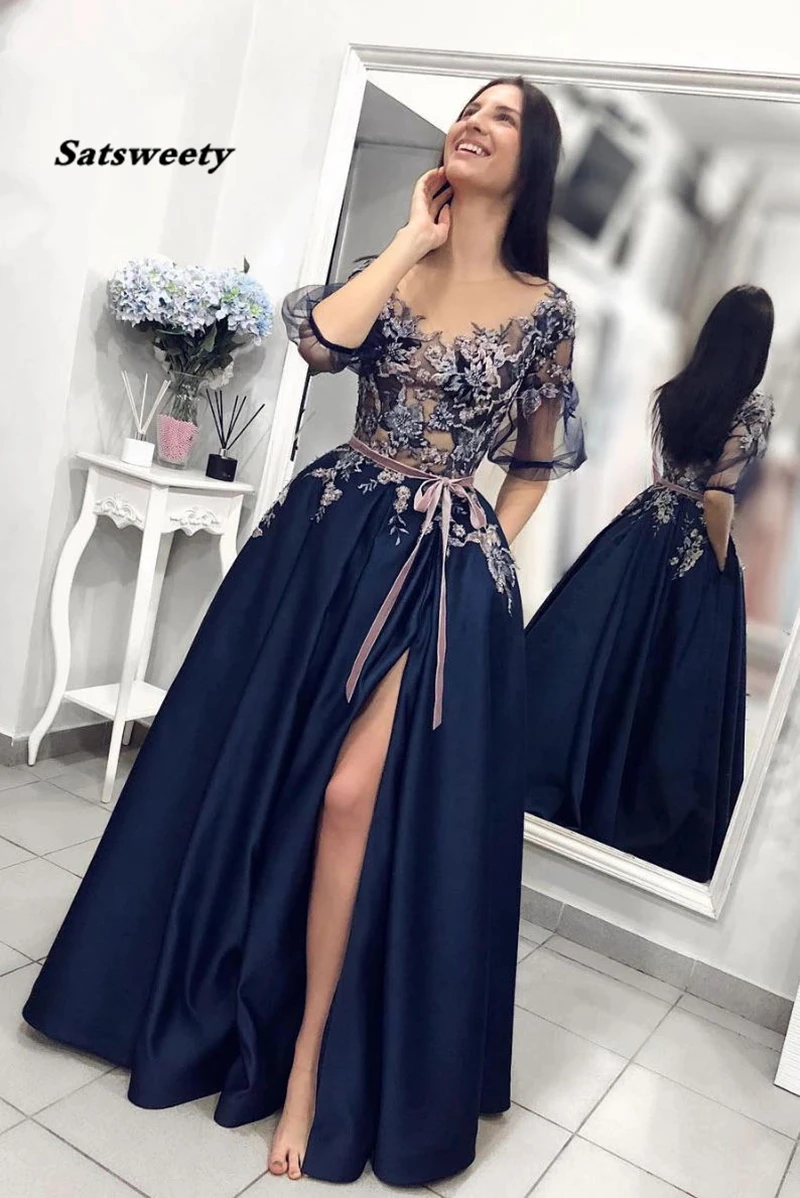 Navy Blue Embroidery Satin Evening Gown 2021 A-Line Sexy Split Lace Prom Dresses Long with Pockets Half Sleeves Dress | Свадьбы и