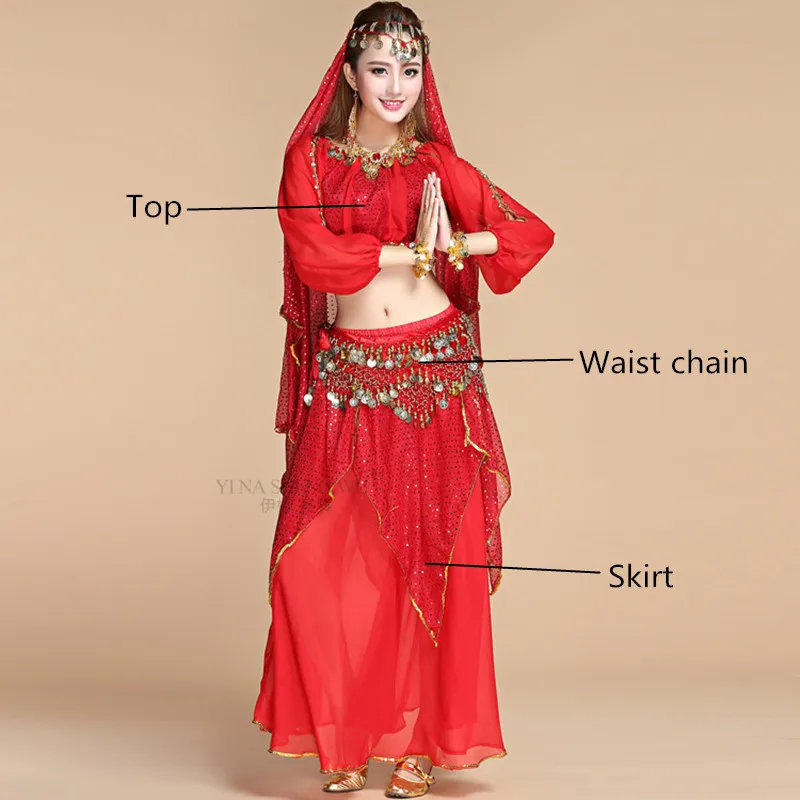 3pcs Red-skirt Женский костюм для танца Болливуда, индийские женские комплекты для танца живота, индийское платье для танца живота, костюмы для взрослых, новинка - Цвет: 3pcs Red-skirt