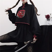 Японское кимоно стиль черный Harajuku Мори девушки дракон вышивка с длинным рукавом Cheongsam Толстовка для женщин каваи Qipao Топ FF2275
