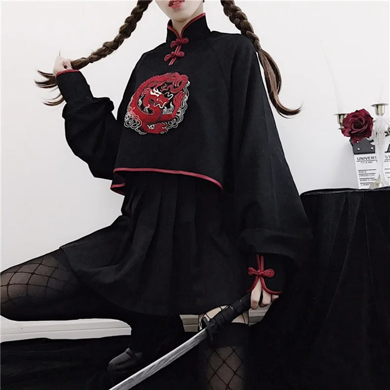 Черный Harajuku Mori Girls Дракон вышивка длинный рукав Cheongsam Свитшот женский Kawaii Qipao Топ