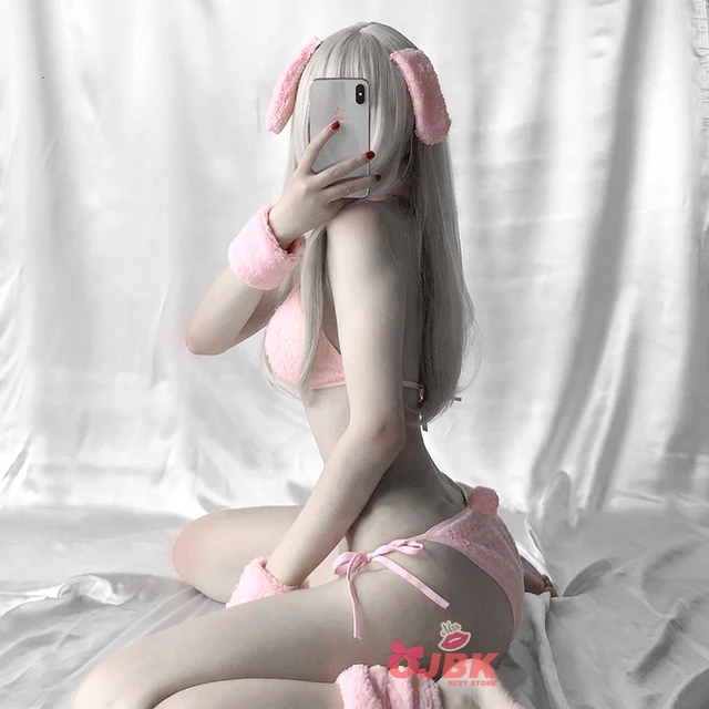 Anime Cosplay Costume DDLG Bunny Girl Sexy Baby Pink Rabbit Bikini Set Erotic Outfit For Woman Tie Side GString Bra Thong Kawaii 3