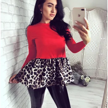 

Women Casual Long Sleeve Blouse Top Leopard Print Skirt Round Neck Short Dress