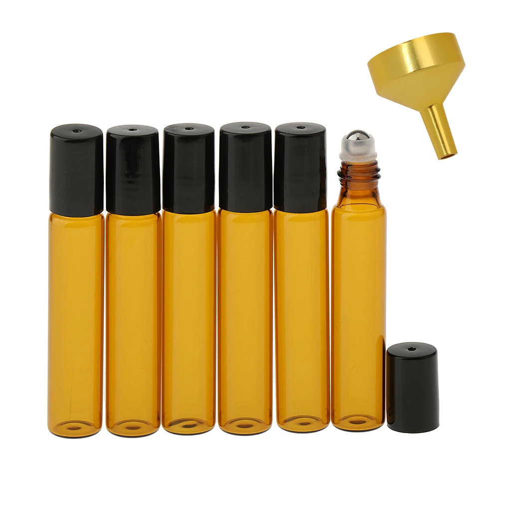 6+1 Packs 10ml Glass Bottle Roll On Essential Oils Eye Gel Cream Container Cosmetics Liquid Bottle with Filling Funnel 