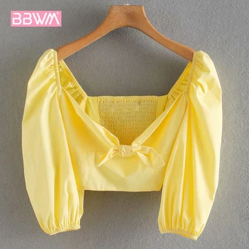 

2020 Summer New Style French Bow Square Collar Bubble Sleeve Short Women's Shirt Sexy Chic Female Tops Yellow Leisure Vacation