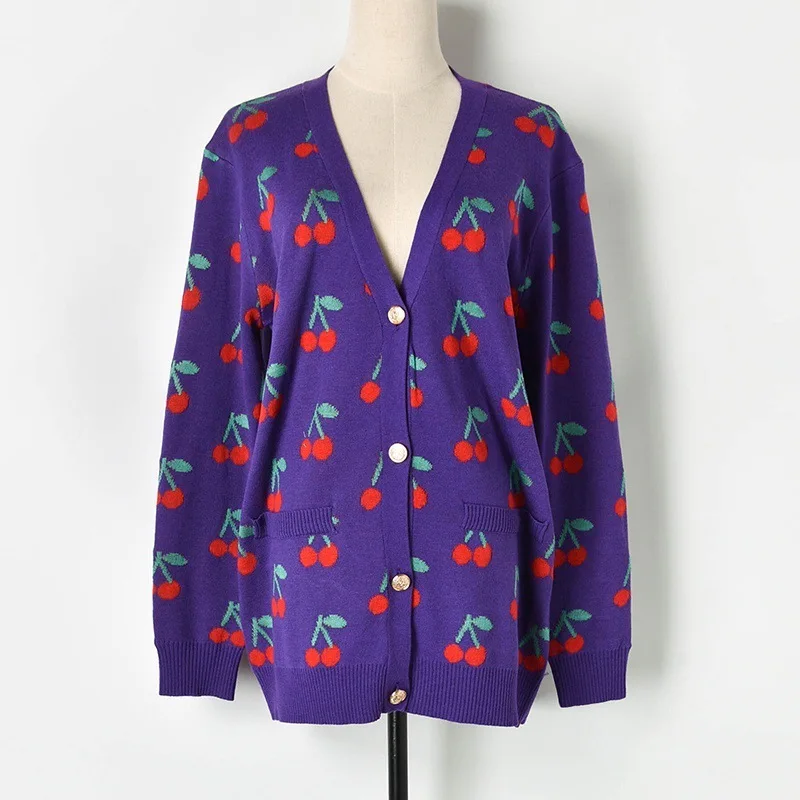 winter cardigan Новое поступление, хит, цветной жаккардовый переплетенный Вишневый длинный рукав, v-образный вырез, длинный вязаный кардиган, Свободное пальто для женщин W92613 - Цвет: winter cardigan
