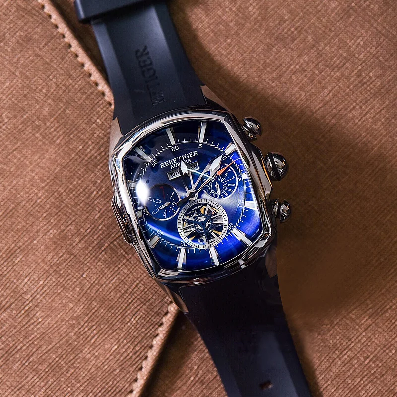 Reef Tiger/RT Top Brand Luxury Big Watch for Men Blue Dial Mechanical Tourbillon Sport Watches Relogio Masculino RGA3069