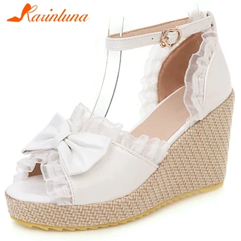 

KARINLUNA Sweet Girl Wedges Sandals Lace Platform Classic Party Ankle Strap Women Sandals Butterfly Knot Fashion Women Shoes