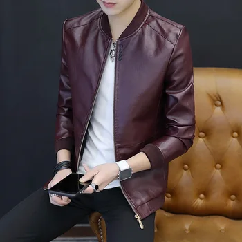 

HO 2020 Men New Style Versatile Years Handsome PU Leather Jacket Teenager Baseball Collar Slim Fit Biker Leather Jacket