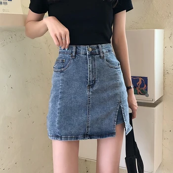 

2020 Summer Sexy Girl Denim Skirt New High Waist A-line Split Skirt Slim Design Button Decoration Skirt With Pocket