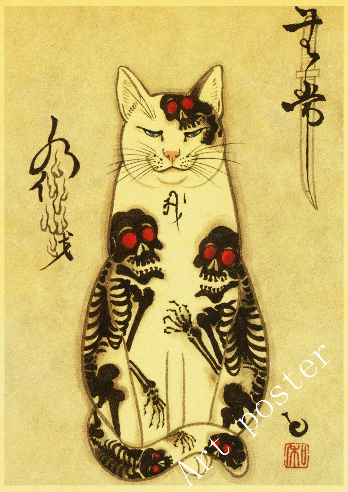 Japanese Samurai Cat Tattoo Cat Retro Poster Vintage Wall Art Printed Painting Living Room Bedroom Decor Wall Stickers Npmw 278 Painting Calligraphy Aliexpress