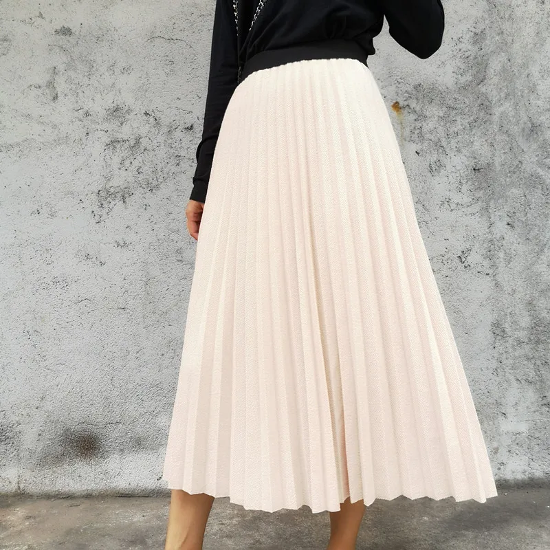 Midi Pleated Skirt Women For Autumn Winter Korean Fashion Ladies High Waist Elegant Solid Long A-line Skirts Female Streetwear - Цвет: Бежевый