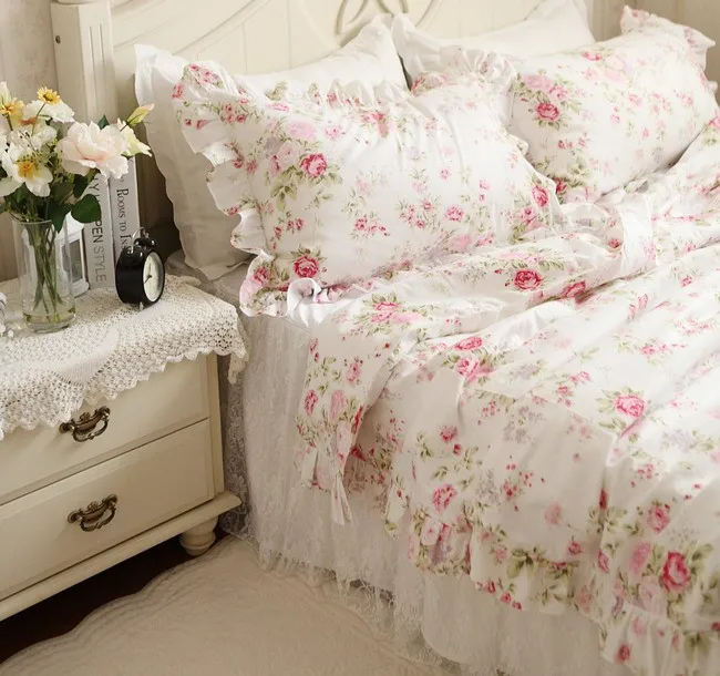 保存版】 FADFAY Farmhouse Shabby Pink Floral Chic Bedding Set Rose Bedskirt S 