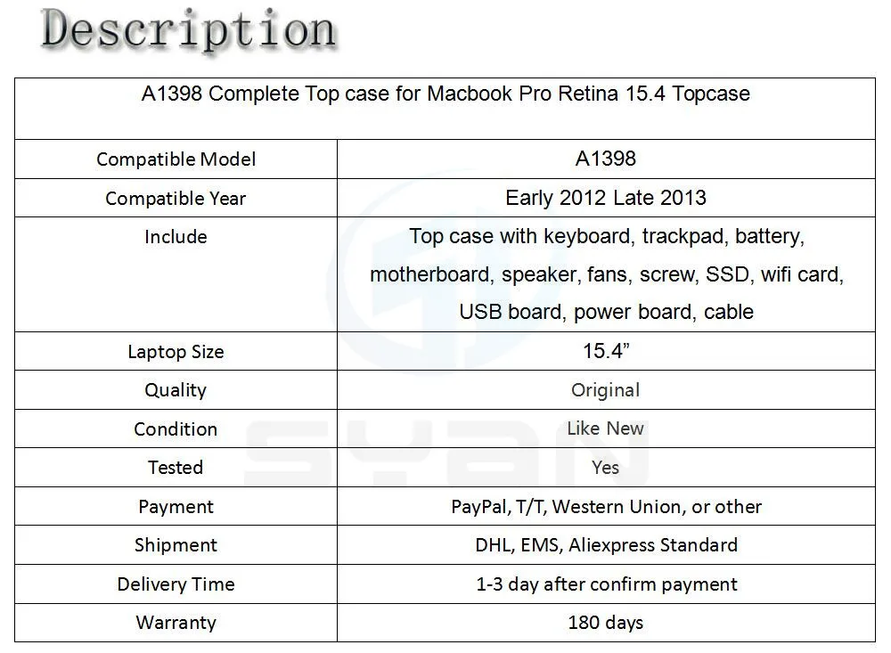A1398 Топ чехол с клавиатурой материнская плата track pad Подсветка вентиляторы динамик SSD для Macbook Pro retina 15," США Топ чехол 2012