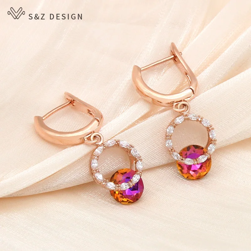 S&Z DESIGN New Cute Round Cubic Zirconia Crystal Dangle Earrings For Women Party Fashion Jewelry Lady Girls Daily Accessories