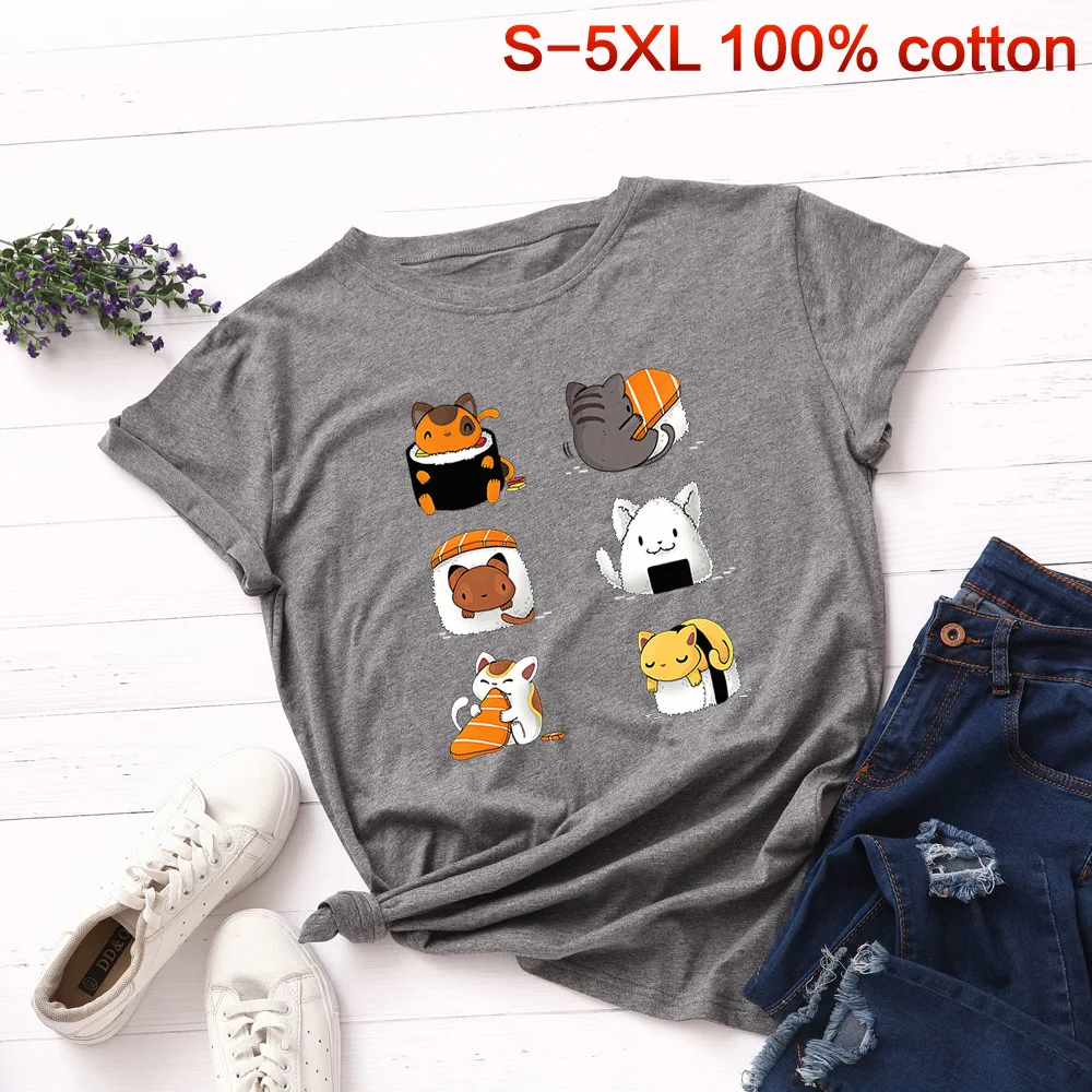 Милая хлопковая Футболка с рисунком кота, милые суши, негабаритная женская футболка, Harajuku, летняя, короткий рукав, базовые футболки