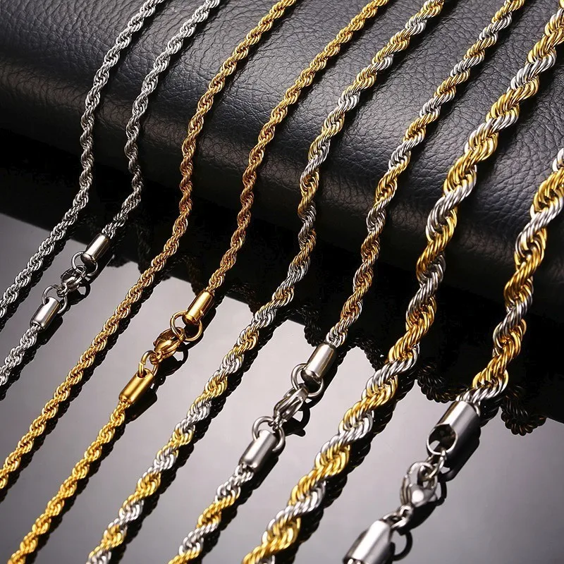 ZORCVENS New Stainless Steel Rope Chain Men Necklace Gold Tone Twisted Wave Links Basic Chains Choker Unisex Punk Jewelry | Украшения и