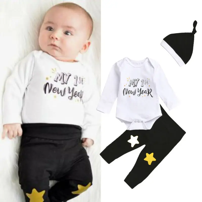 Г., одежда для малышей с надписью «My 1st new year», боди с длинными рукавами для мальчиков и девочек, топы со звездами, длинные штаны шапочка, комплект одежды из 3 предметов