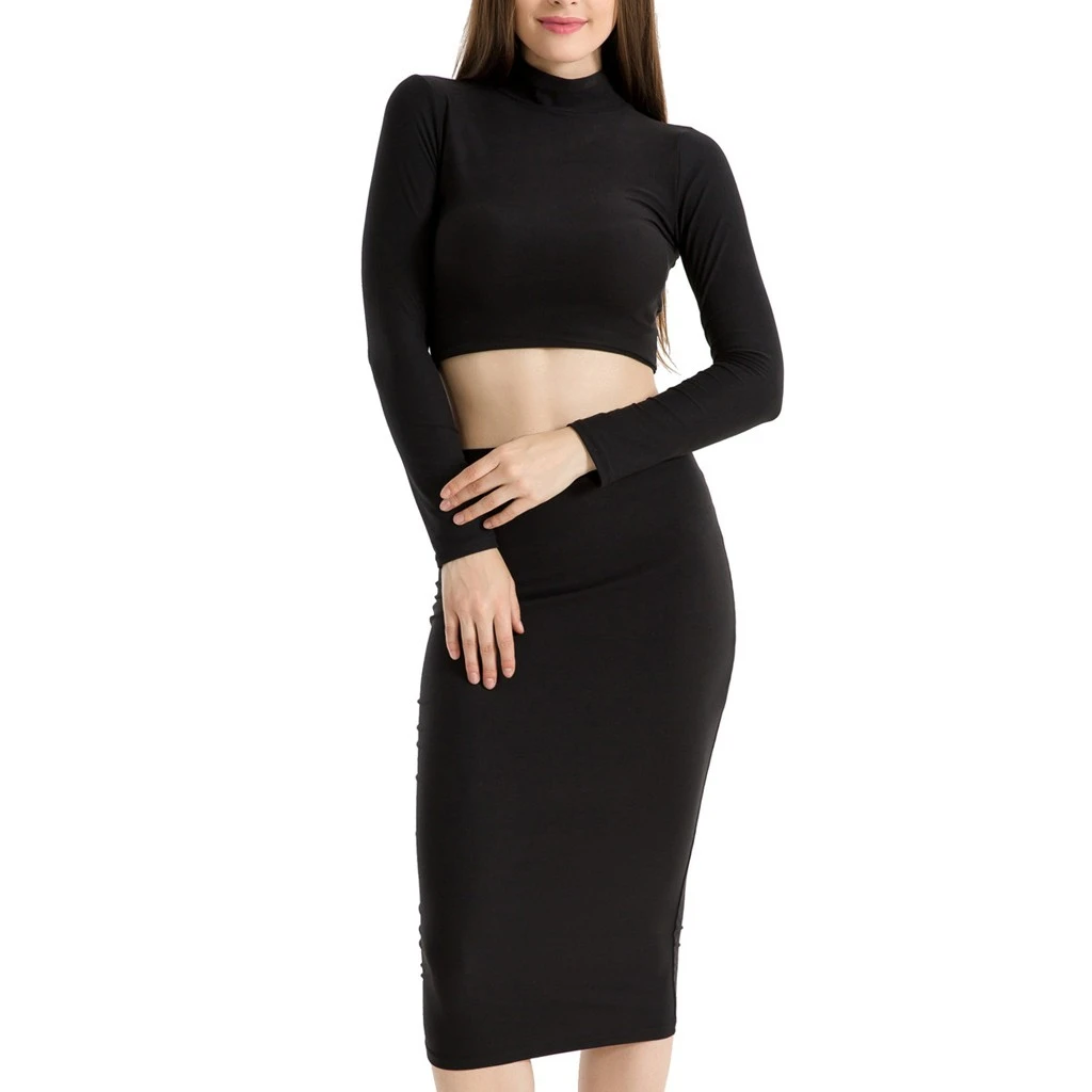 BK New Mid-Calf Dress Women Autumn O-Neck High Collar Long Sleeve Solid Sexy Two-Piece Tops And Skirt Suit Girl Ladies 729 - Цвет: BK