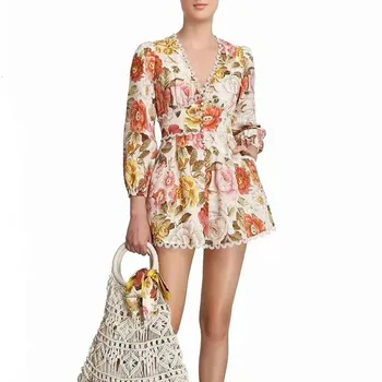 

Print Patchwork Lace Jumpsuits For Female V Neck Lantern Long Sleeve High Waist Ruched Womens Jumpsuit Fashion New