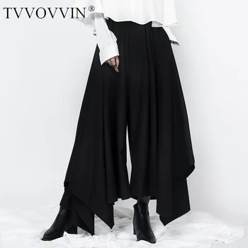 

TVVOVVIN Autumn Fashion New Personality Solid Black Color Wide Leg Pants Elastic Waist Dark Style Skinny Pants L226