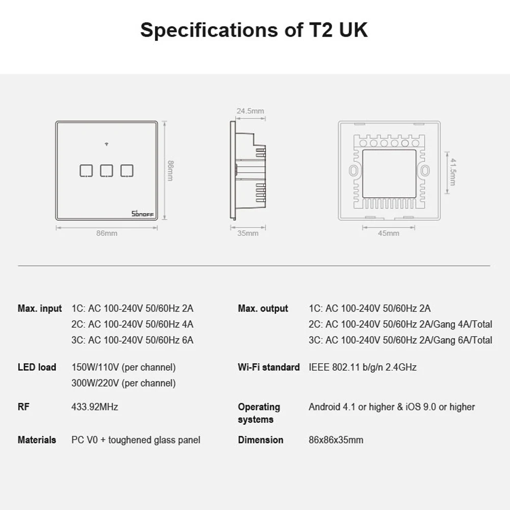Интеллектуальный выключатель света Sonoff T2 Smart WiFi/RF/APP/Touch Управление настенный светильник Переключатель 1/2/3 UK Панель умный дом Управление; работать с Alexa