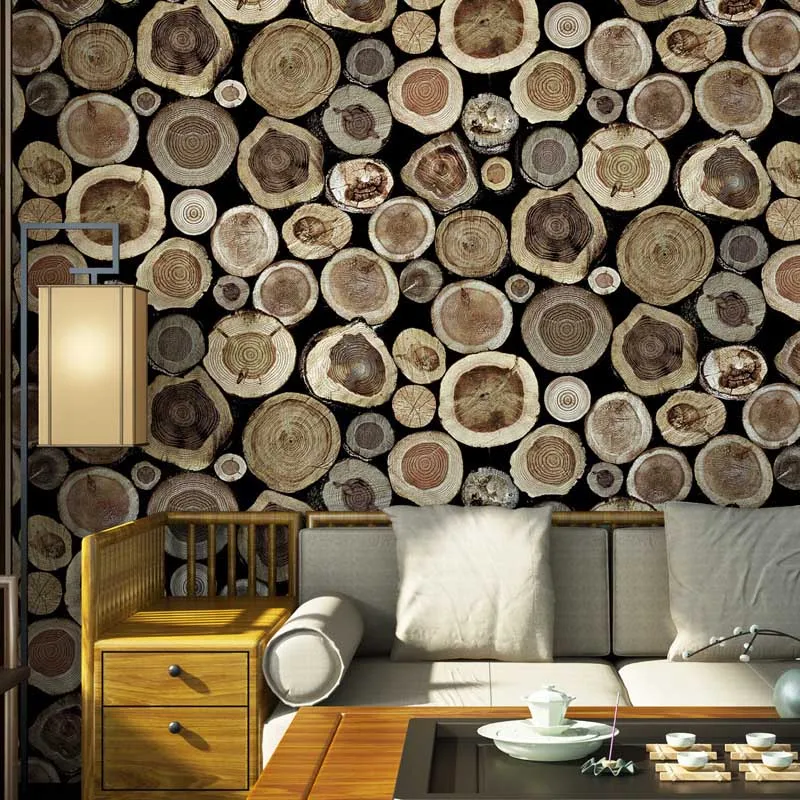 

Industrial Wind Wallpapers New Chinese Wood Stump Pattern Wall Paper Apartment Cafe Background PVC Wallpapers For Living Room