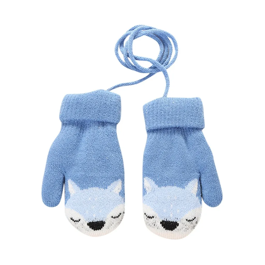 Детские варежки, зимние вязаные варежки на веревке, напечатанные перчатки на полный палец, головные уборы, аксессуары для детей - Цвет: Синий