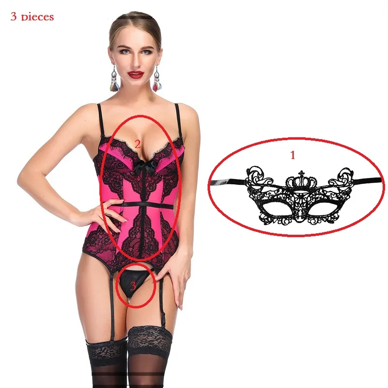 Women sexy Lingerie Bustier Set Basque Temptation Erotic Underwear Transparent Lace Waist trainer Push Up Corset - Цвет: style2 black red