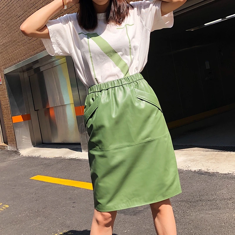 Long Skirt Natural Sheepskin Genuine Leather 2019 Fashion Female Design A Real Slim Hip Belt  Женская
