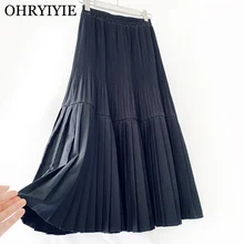 Ohryiyie Осень Зима Толстая бархатная юбка женская Повседневная Высокая талия Женская плиссированная юбка офисная элегантная Длинная Юбка Femme