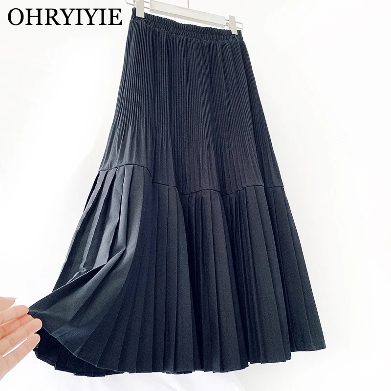 

OHRYIYIE Autumn Winter Thick Velvet Skirt Women 2019 Casual High Waist Pleated Skirt Female Office Lady Elegant Long Skirt Femme
