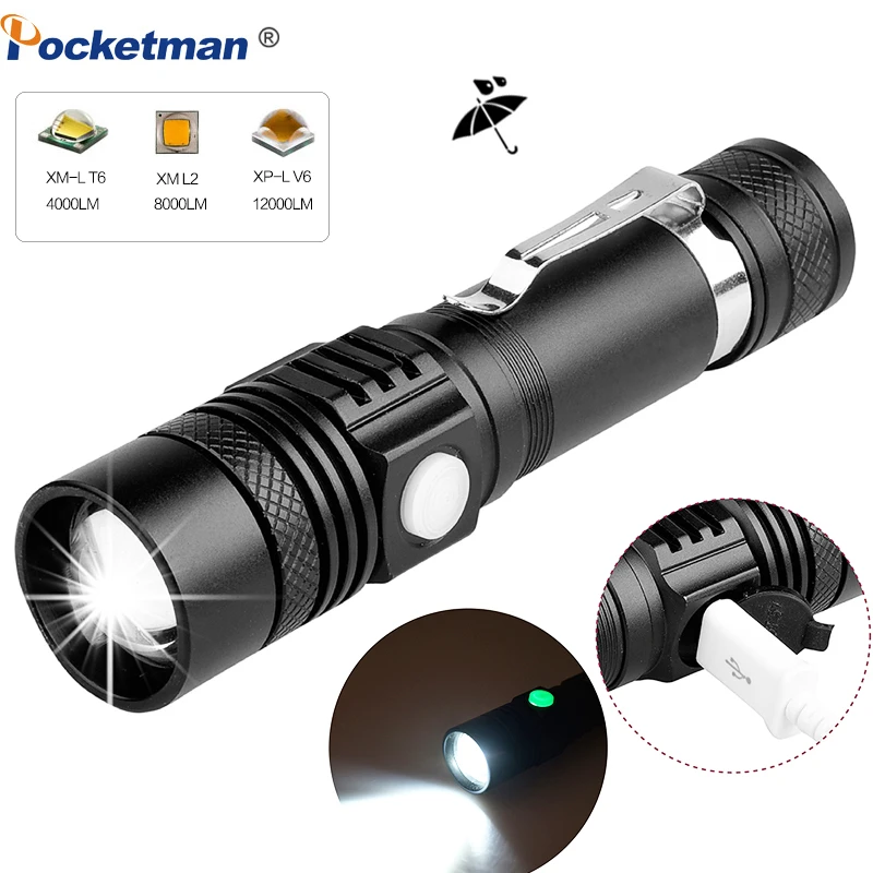 

Super Bright Flashlight USB Rechargeable Flashlight torch T6/L2/V6 Power Tips Zoomable led torch use 18650 Battery for camping