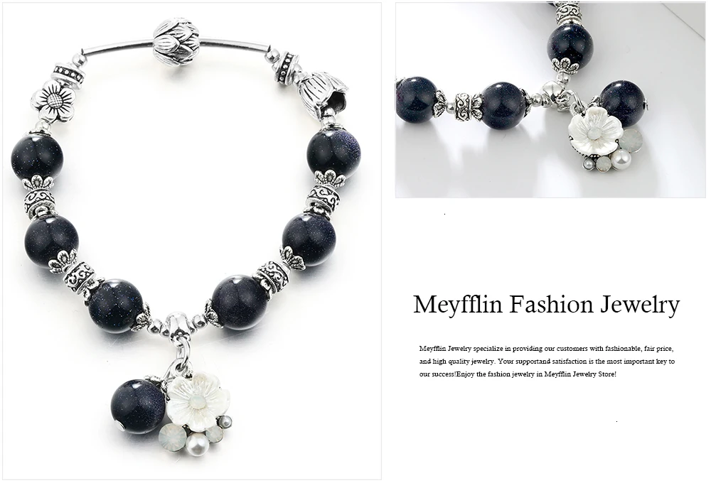 Meyfflin модные браслеты с бусинами для женщин, серебряный цвет, цветок, опал, камень, ракушка, цветок, браслет, эластичные украшения