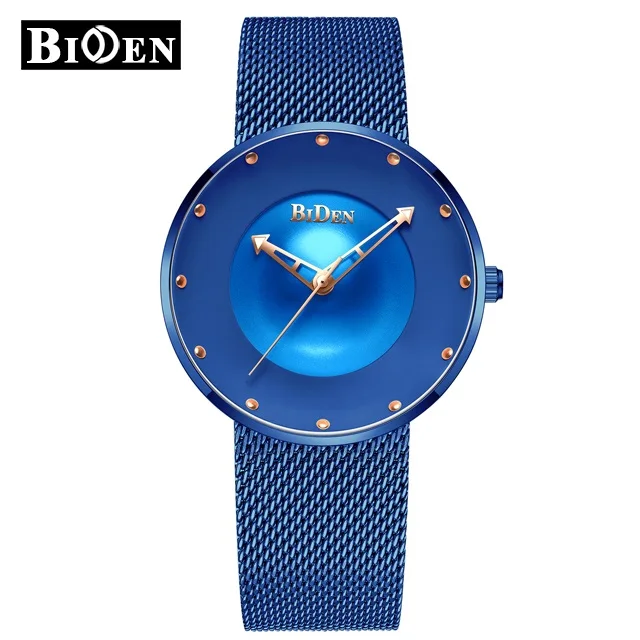 Blue Женские модные простые кварцевые часы с голубым стальным ремешком, сетчатый Браслет, подарочные часы для женщин BIDEN - Цвет: Blue