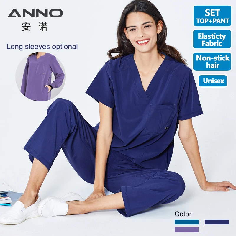 ANNO Nurse Uniform Non Stick Hair Fabric Pet Hospital Clothes Scrubs Set Work Doctor Suit Stretch Elasticity Cool Material