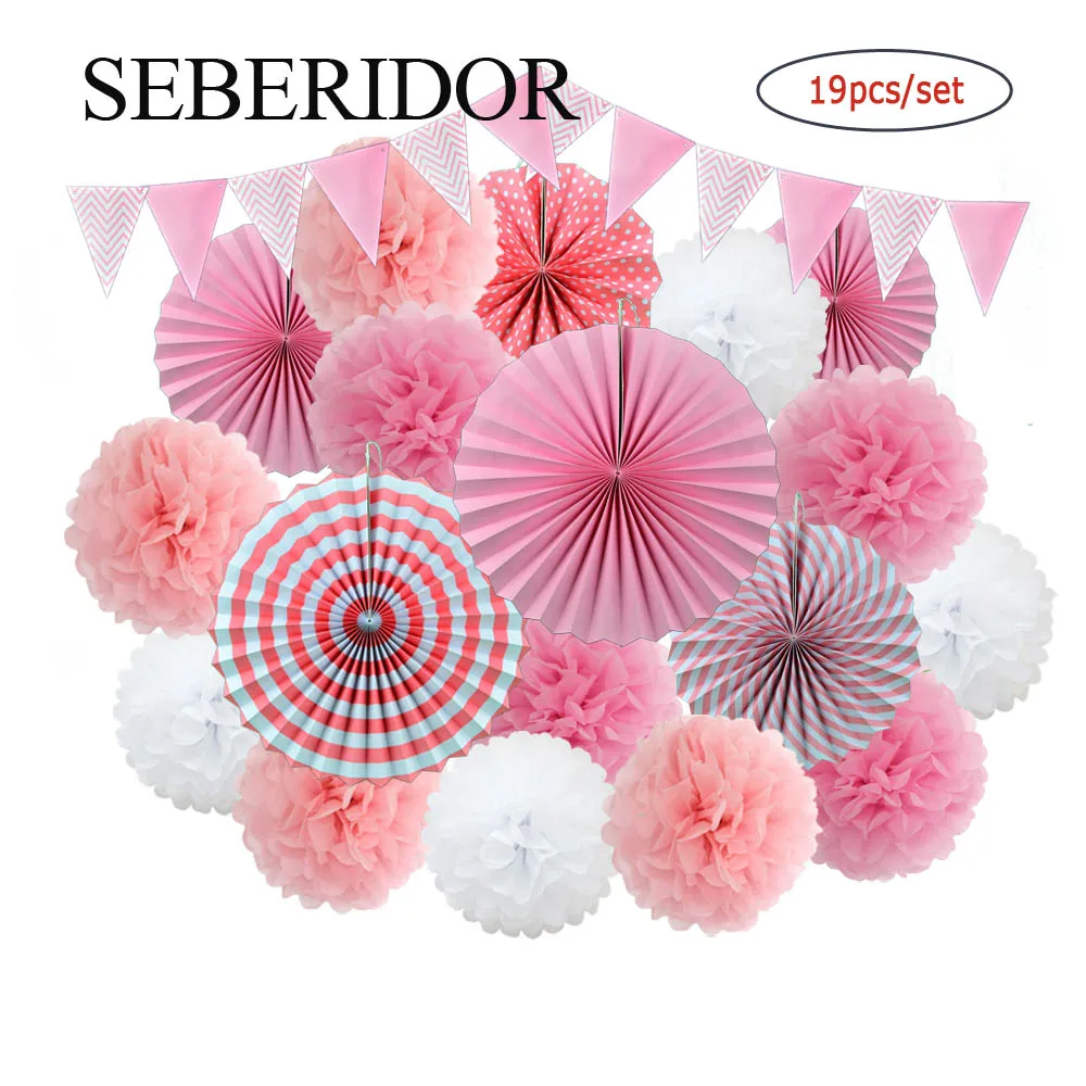 Tissue Paper Decorations Kids Girl Comunion Party Favor Pink Set Hanging Mixed Size Paper Fan Tissue Pompom For Boy Baptism Wedding Anniversary Decor