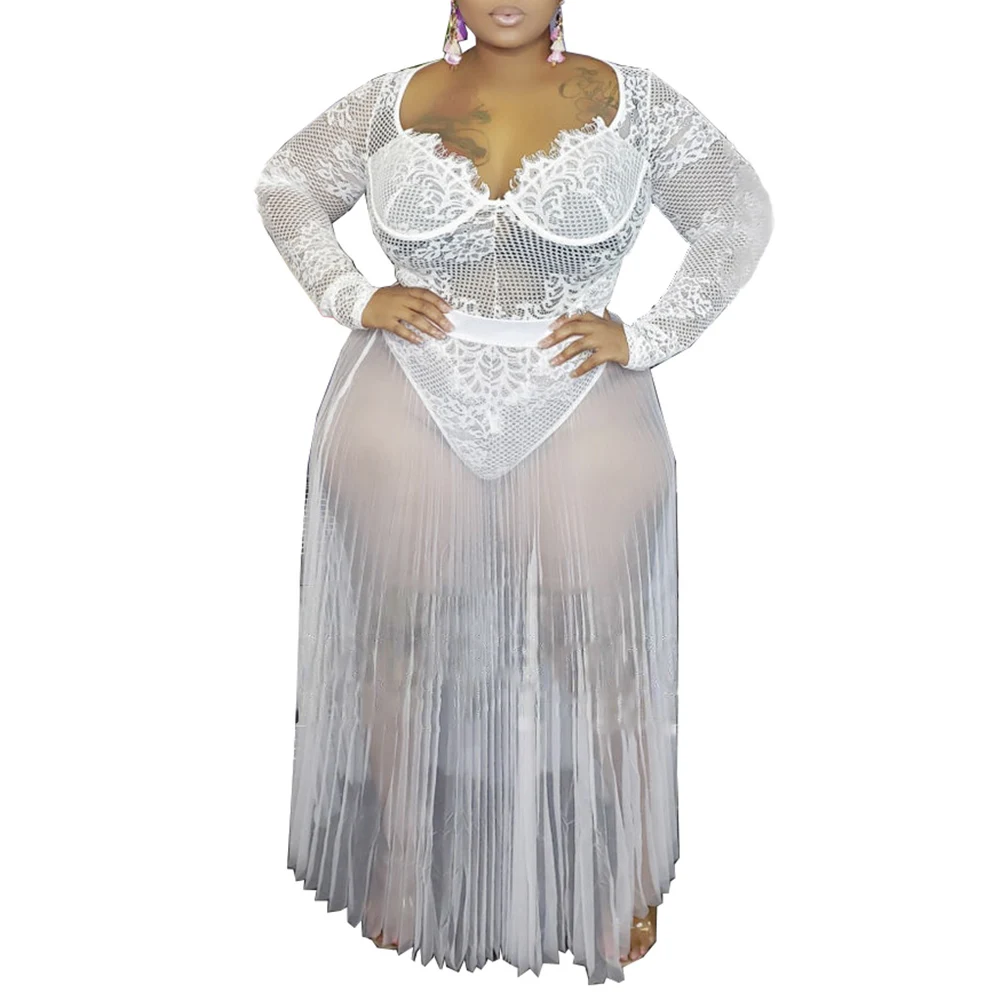 

Plus Size Dress Women Sexy Floral Lace Hollow out Dress Spring Long Sleeve Pleated Dresses Vintage Club Long Dress vestido D30
