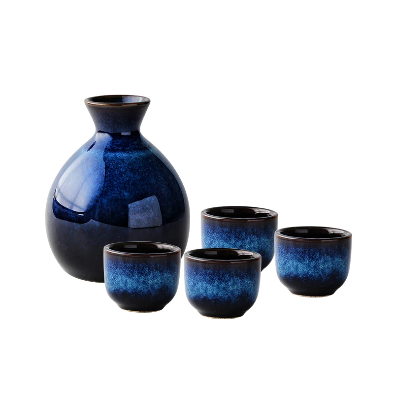 Japanese Sake Set Blue Mini Ceramic Flask Decoration Furnishings Floral Accessories Hip Flask Household 1 Pot 4 Cups Barware Set
