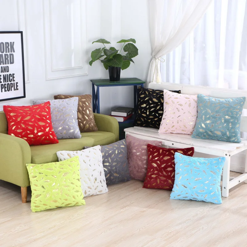 

Pure Color Plush Pillow Sofa Cushion Cover Ironed Golden Pillowcase Feather Patterns Soft And Comfortable 43*43cm 1Piece