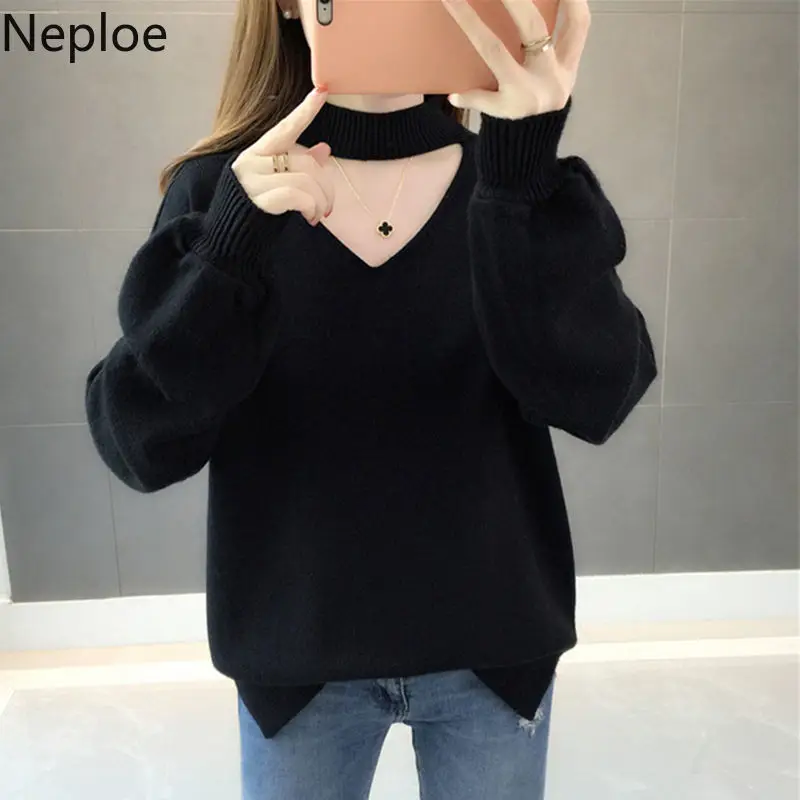 Neploe, свободный, Сумасшедший стиль, Толстый Пуловер, свитер для женщин, однотонный, v-образный вырез, фонарь, длинный рукав, базовый, для женщин, вязаный джемпер, топ, 48208
