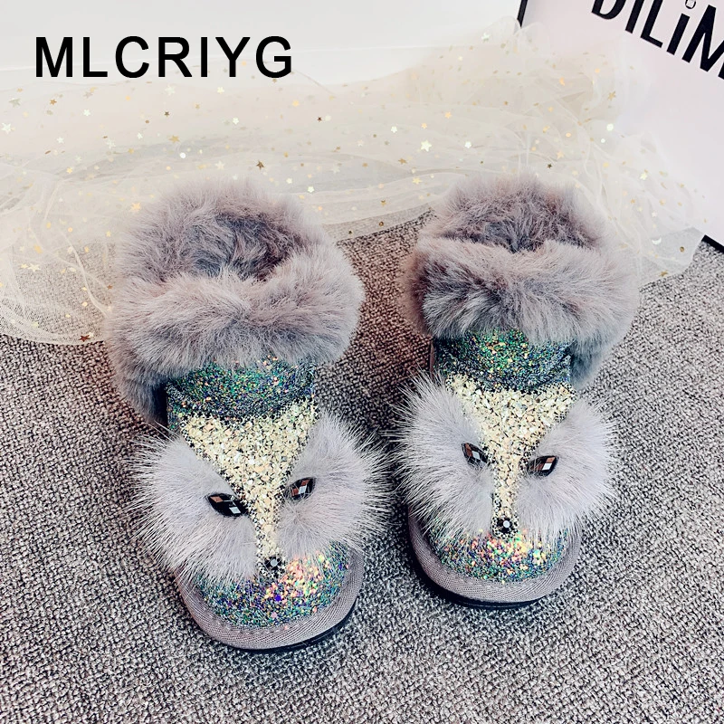 

Kids Snow Boots Children Fur Rhinestone Boots Baby Girls Warm Ankle Boots Toddler Glitter Brand Boots Boys Gray Shoes Winter New