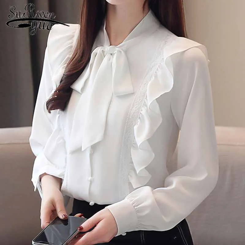 

Fashion women blouses 2019 Autumn long sleeve Solid Chiffon Women Blouse Long Sleeve Women shirts ruffles white blouse 5305 50