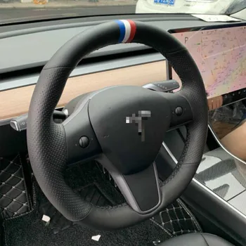 

For Tesla Model 3 Y Leather Steering Wheel Blue/White/Red Marker Wrap Cover