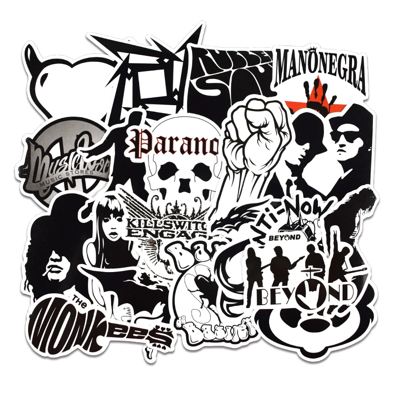 

New 50Pcs/Lot Rock Roll Band Music Black White Stickers Punk Cool Retro Guitar Skateboard Suitcase DIY TV Car Waterproof Decals