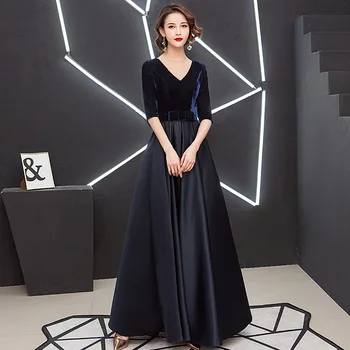 

Exquisite Velvet Evening Gown Qipao Elegant Lady Full Length Navy Blue Prom Dress Robe De Soiree Half Sleeve V-neck Vestidos