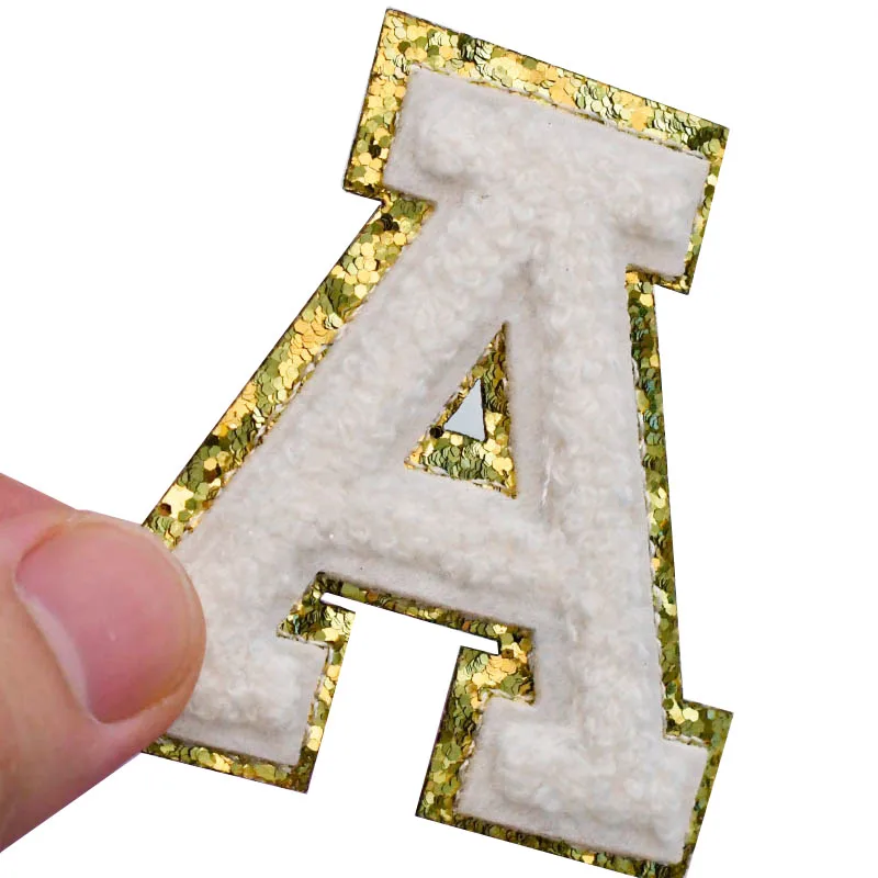 A-Z 26 Letters White Glitter Chenille Embroidered Patches Iron on Alphabet Letters Embroidery Applique