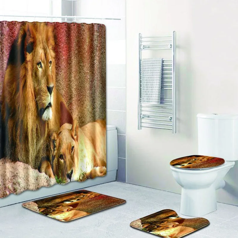 

Creative Animal Lion Print Shower Curtain Polyester Bathroom Curtain Waterproof Toilet Seat Cover Anti-slip Bath Mat Home Decor