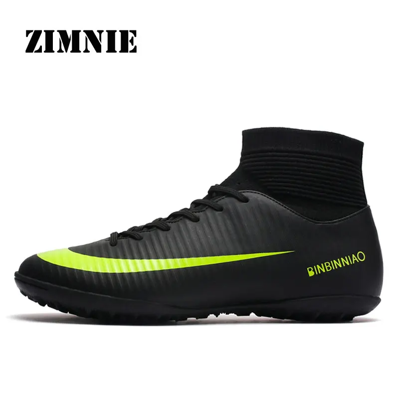 ZIMNIE Turf Black Men Soccer Shoes Kids Cleats Training Football Boots High Ankle Sport Sneakers Size 35-45 Dropshipping